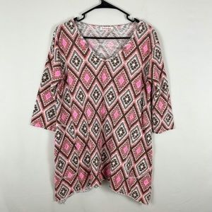 Fresh Produce Argyle Print Tunic Top Sz SM V-Neck 3/4 Sleeve 100% Cotton Pockets